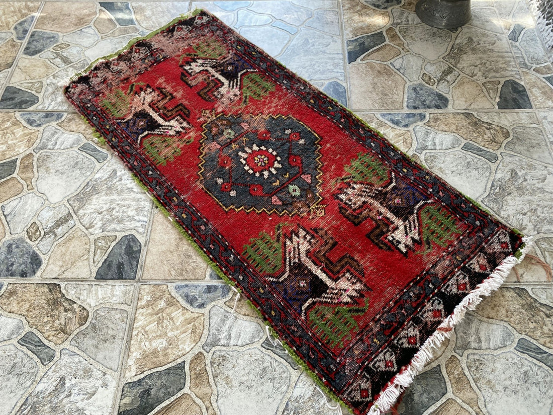 Vintage Turkish Small Rug | 1.6 x 3.3 ft Hand-Knotted Wool | Red Geometric Mat