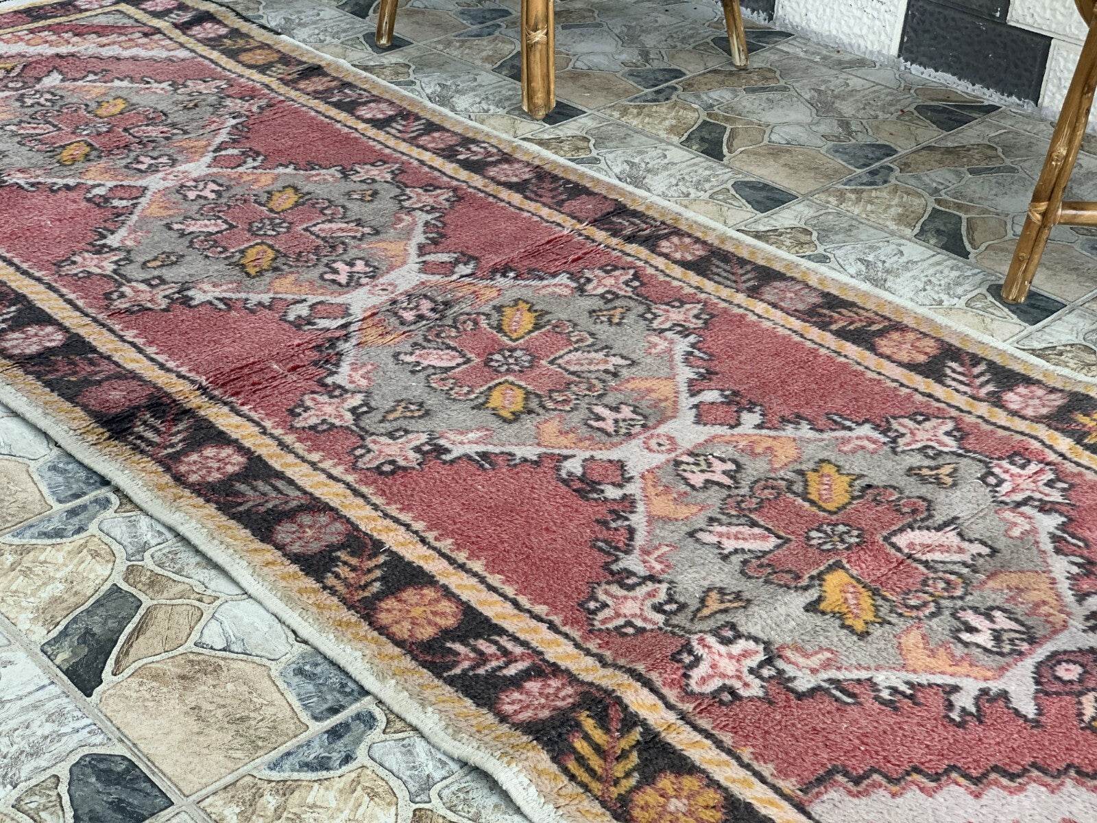 Vintage Turkish Rug | Tribal Handmade Wool Farmhouse Antique Carpet 3.2x 9.1 ft