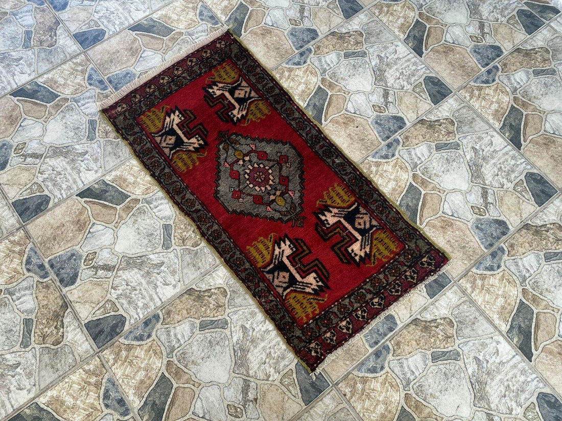 Vintage Rug | Antique Small Wool Farmhouse Anatolian Handmade Turkish 1.7x3.4ft