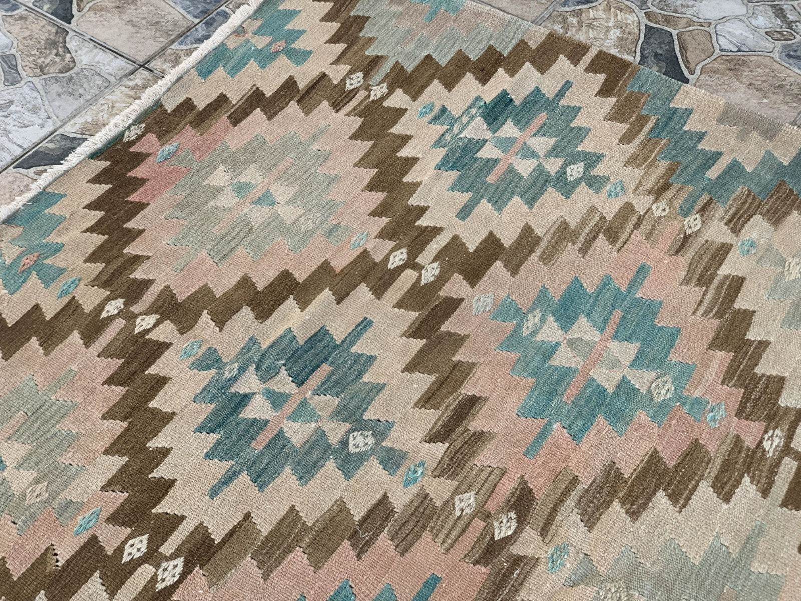 Anatolian Kilim Vintage Geometric Turkish Tribal Oushak Wool Area Rug 5.1x6.2 ft