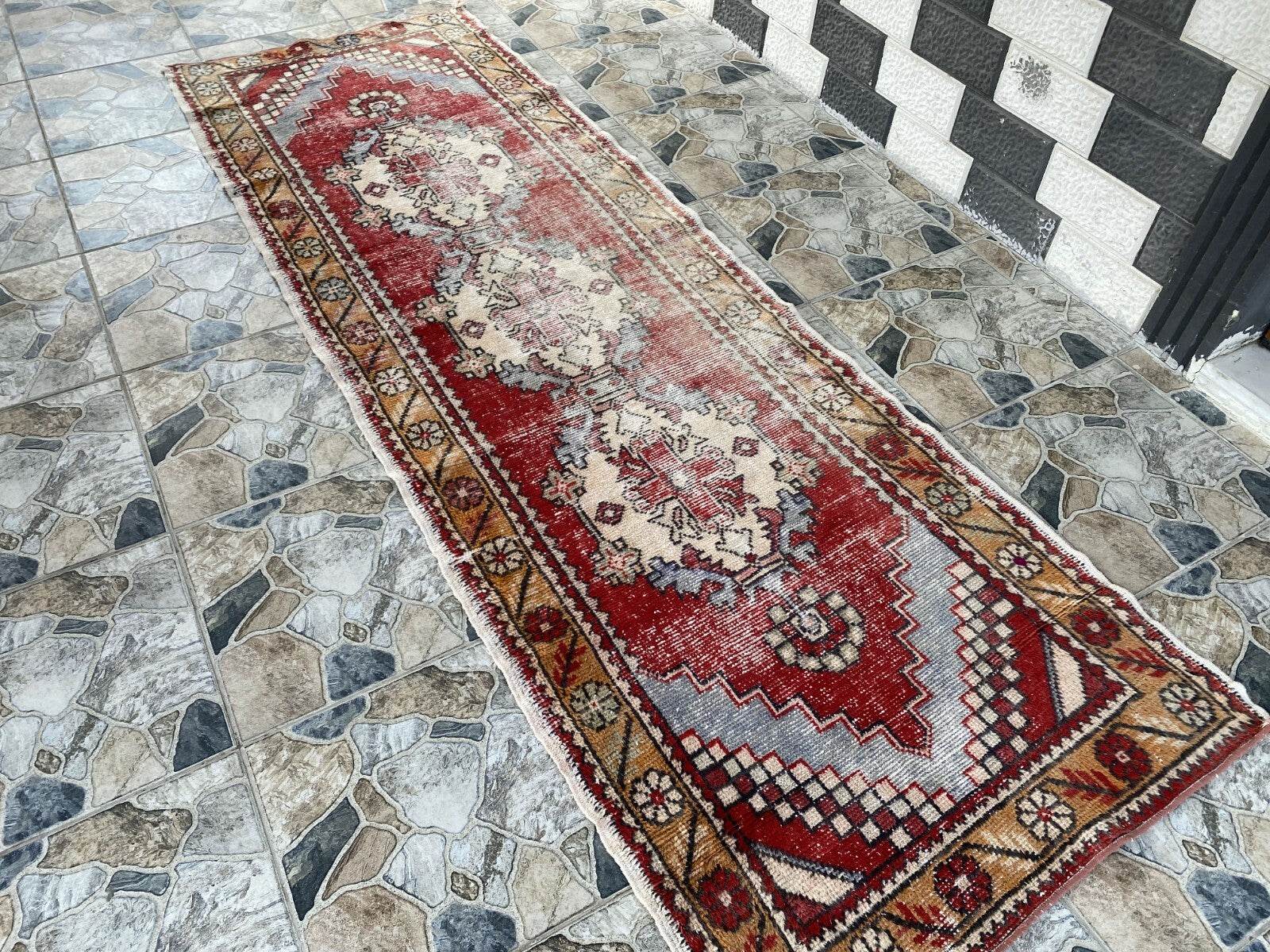 Vintage Turkish Oushak Rug, 3 x 9 ft Red Handmade Wool Antique Tribal Runner Rug