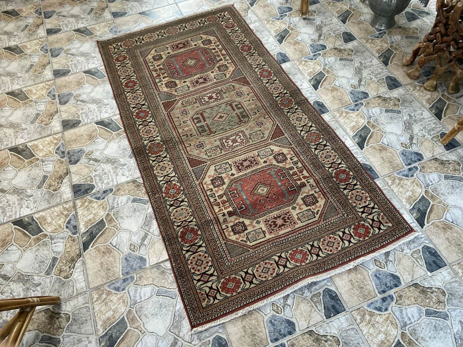 Vintage Turkish Wool Rug Hand-Knotted Antique Geometric Kayseri Tribal Area 3x6