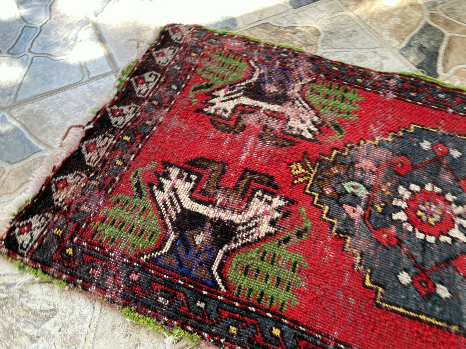 Vintage Turkish Small Rug | 1.6 x 3.3 ft Hand-Knotted Wool | Red Geometric Mat
