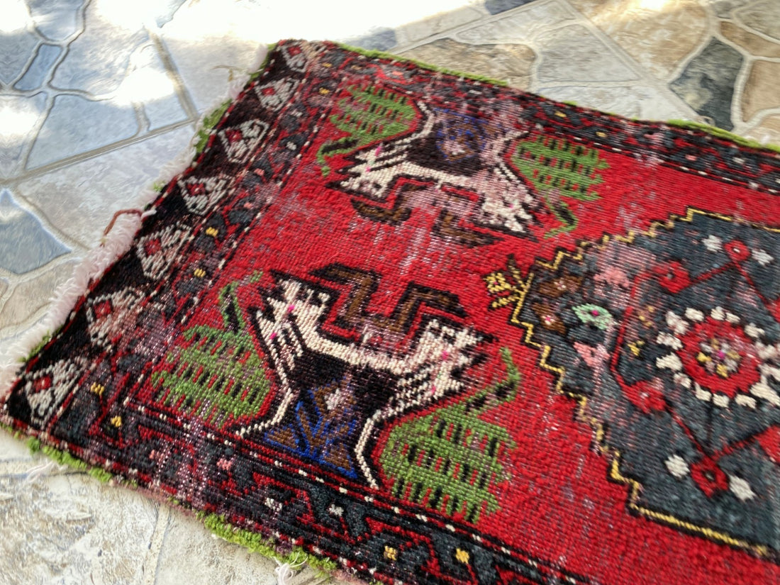 Vintage Turkish Small Rug | 1.6 x 3.3 ft Hand-Knotted Wool | Red Geometric Mat