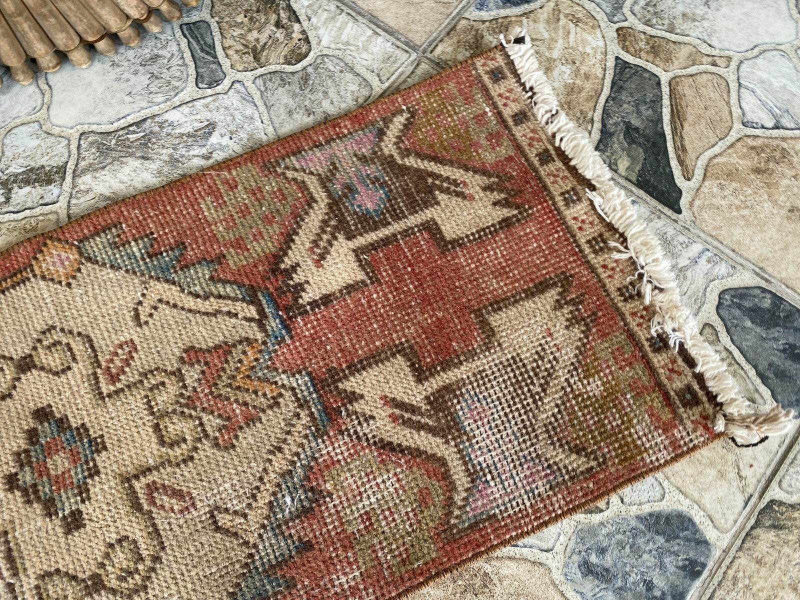 Vintage Turkish Wool Rug, Hand-Knotted Antique Geometric Oushak Small Runner 1x3