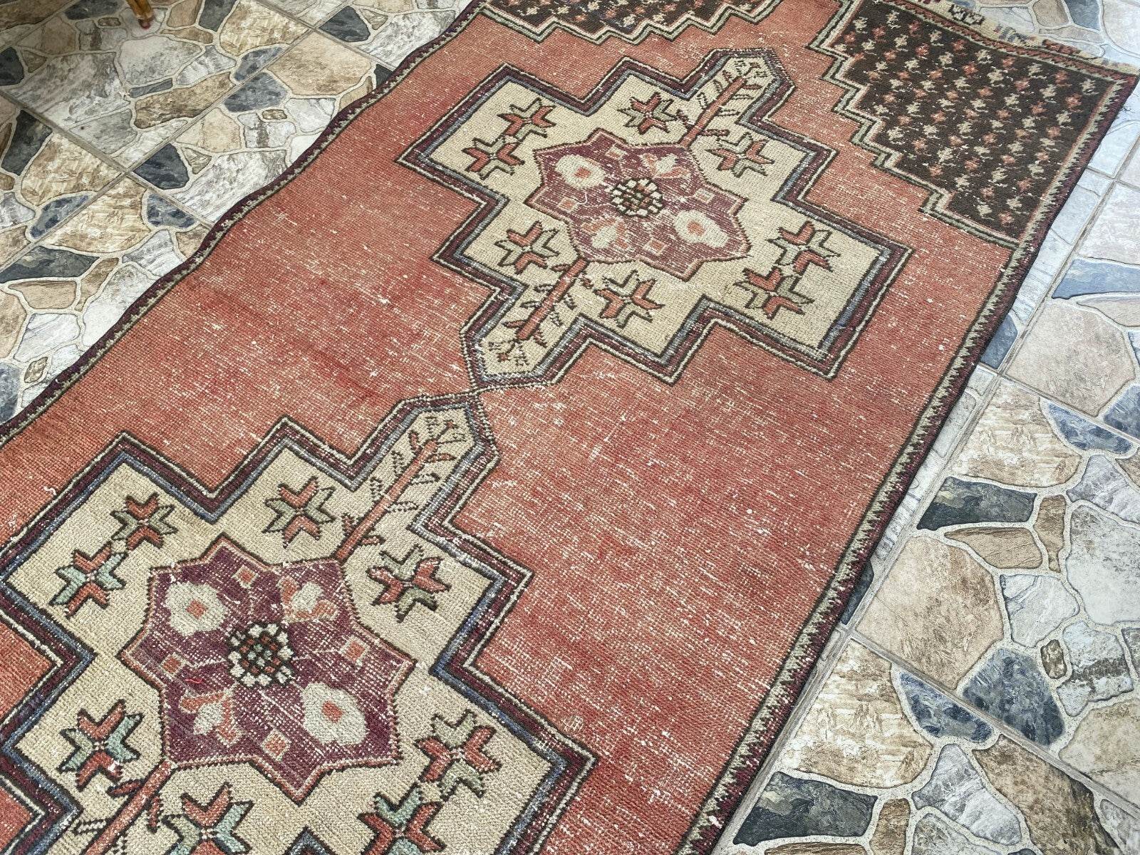 Geometric Turkish Vintage Rug,Farmhouse Vintage Anatolian Village Rug 3.6x7.8 ft