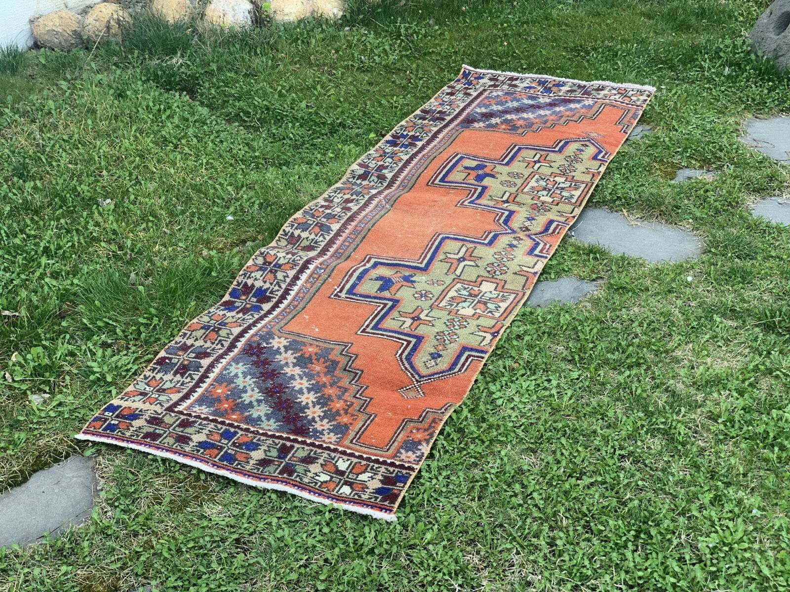 Turkish Vintage Oushak Rug, Wool Handmade Farmhouse Geometric Runner 2.5x8.2 ft
