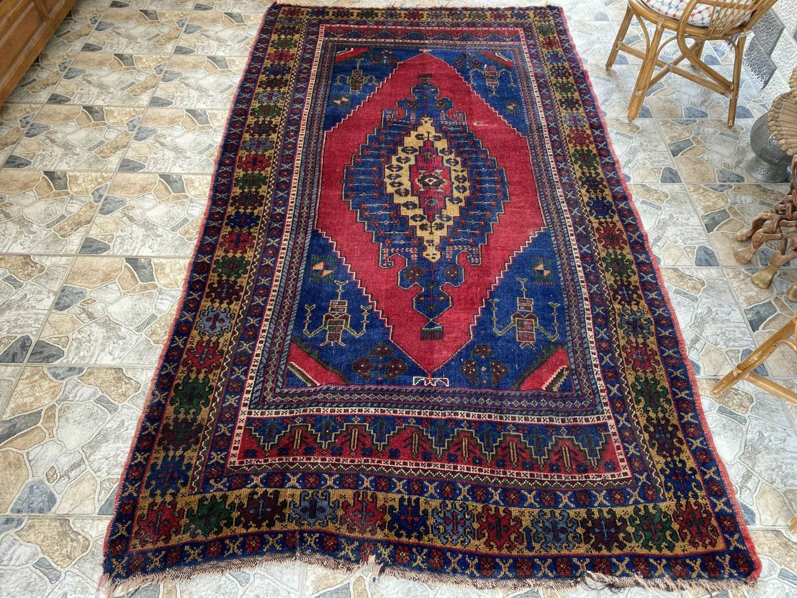 Vintage Rug | Wool Area Antique Farmhouse Anatolian Handmade Turkish Rug 5x9ft