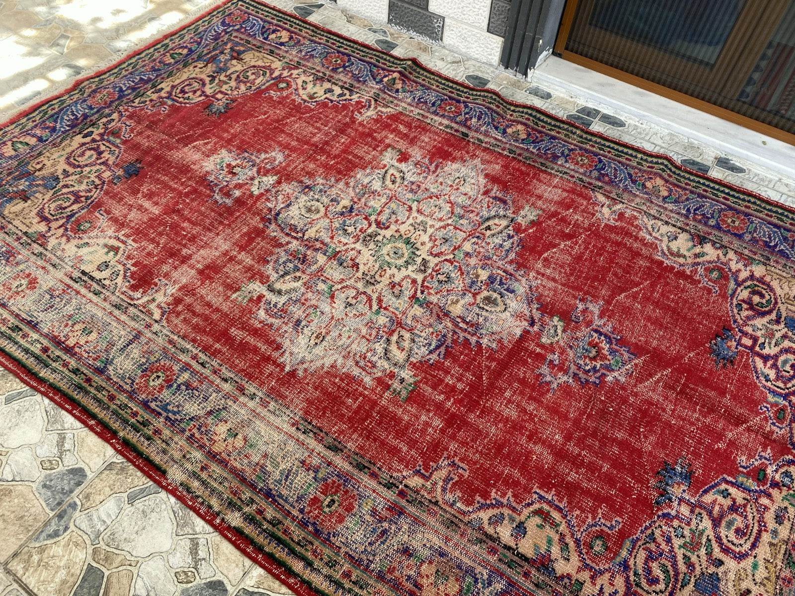 Vintage Anatolian Area Rug | 6.1 x 9.8 ft Hand-Knotted Wool Faded Rustic Carpet