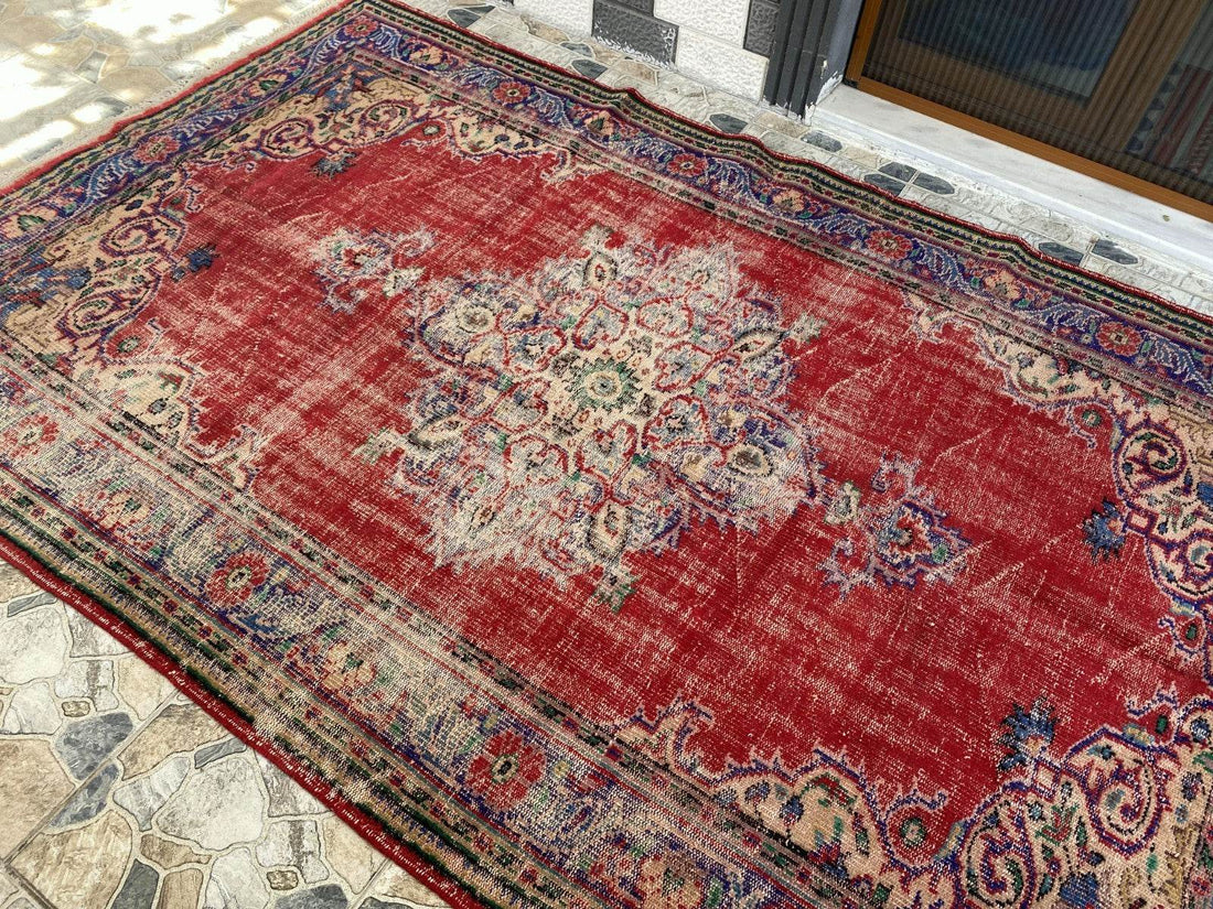 Vintage Anatolian Area Rug | 6.1 x 9.8 ft Hand-Knotted Wool Faded Rustic Carpet