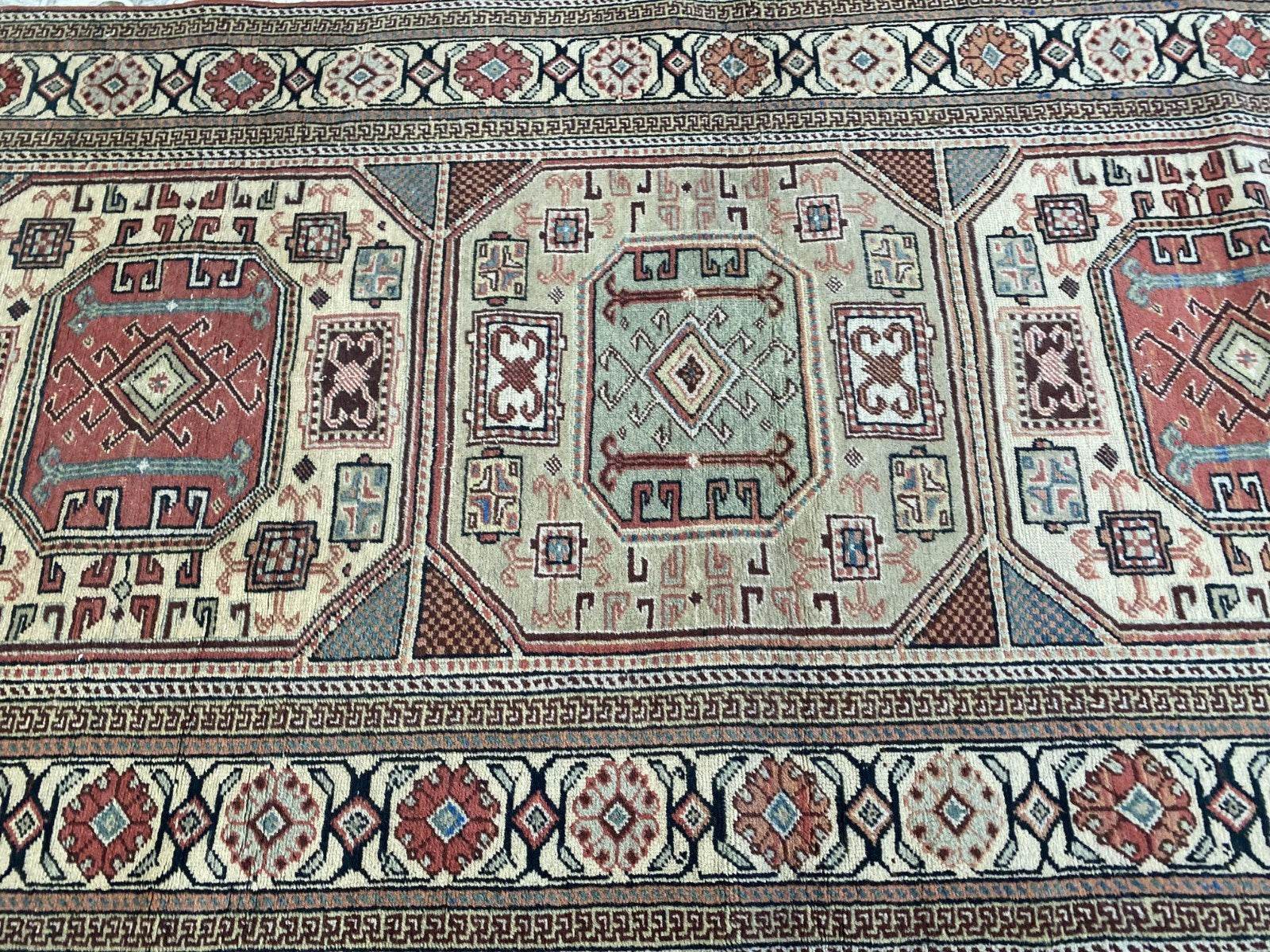 Vintage Turkish Wool Rug Hand-Knotted Antique Geometric Kayseri Tribal Area 3x6