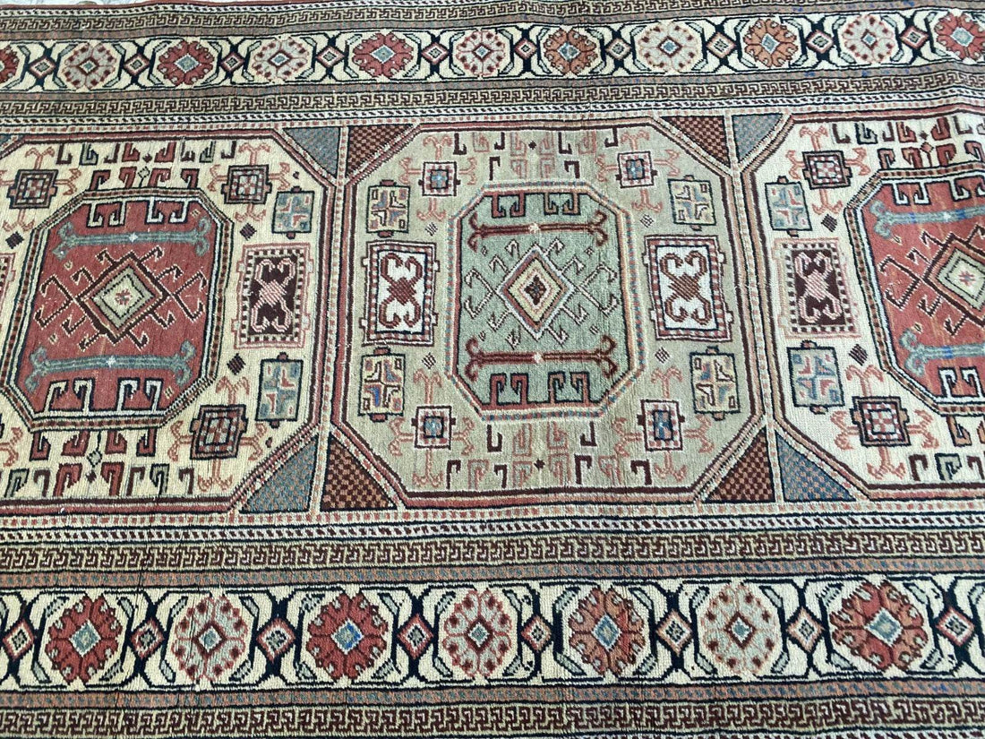 Vintage Turkish Wool Rug Hand-Knotted Antique Geometric Kayseri Tribal Area 3x6