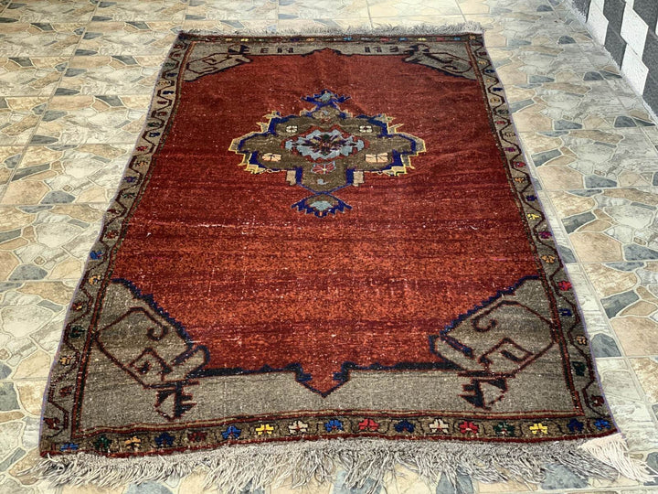 Vintage Rug, Anatolian Tribal Kilim TURKISH OUSHAK Geometric Farmhouse 4.5x9.3ft