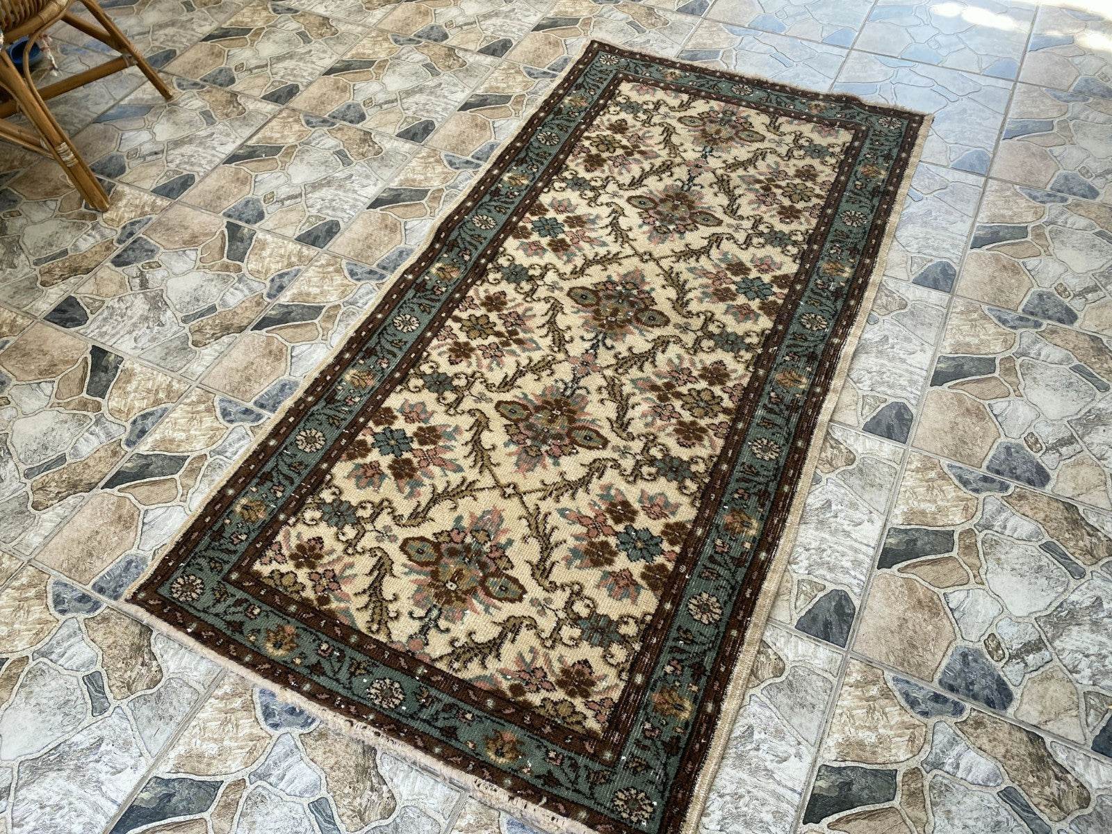 Vintage Anatolian Area Rug, 3.3x6.3 ft Hand-Knotted Wool Faded Rustic Geometric