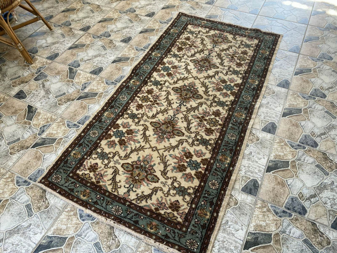 Vintage Anatolian Area Rug, 3.3x6.3 ft Hand-Knotted Wool Faded Rustic Geometric