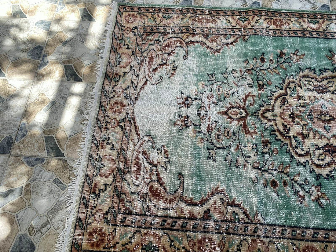 Vintage Hand-Knotted Wool Rug | 5.1 x 8.0 ft Anatolian Area Carpet Faded Rustic