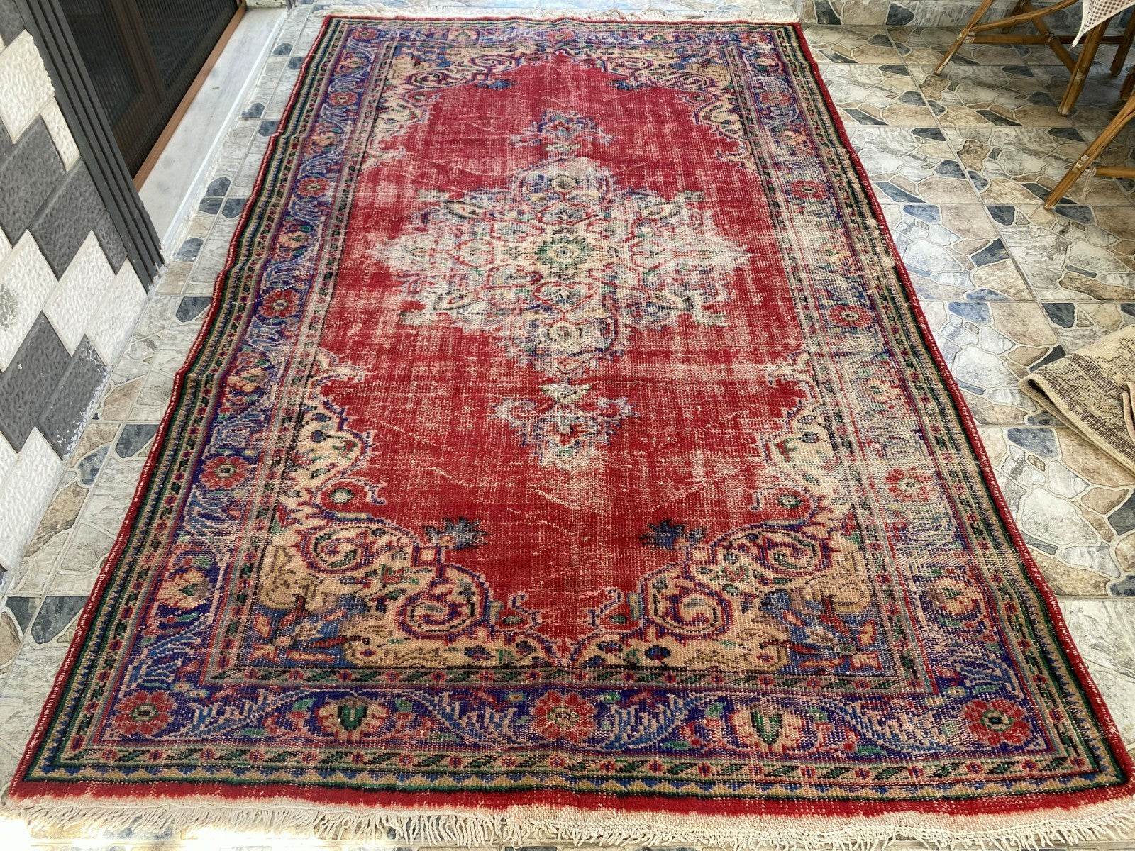 Vintage Anatolian Area Rug | 6.1 x 9.8 ft Hand-Knotted Wool Faded Rustic Carpet