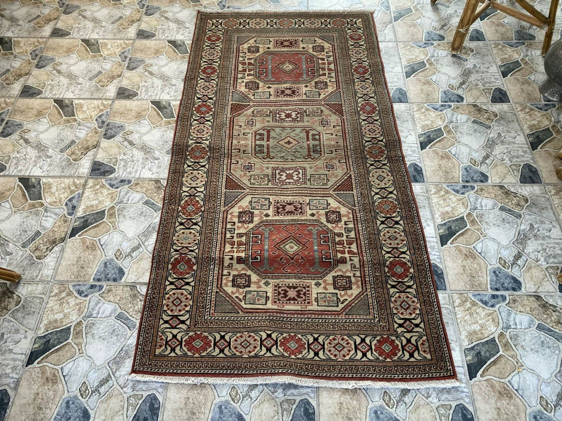 Vintage Turkish Wool Rug Hand-Knotted Antique Geometric Kayseri Tribal Area 3x6