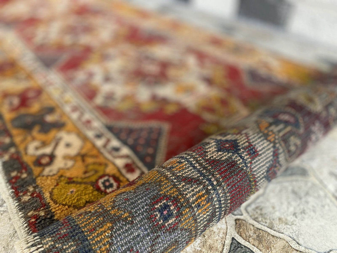 Vintage Turkish Wool Rug - Handmade Antique Red Oushak Kurdish Runner Rug 3x9 ft