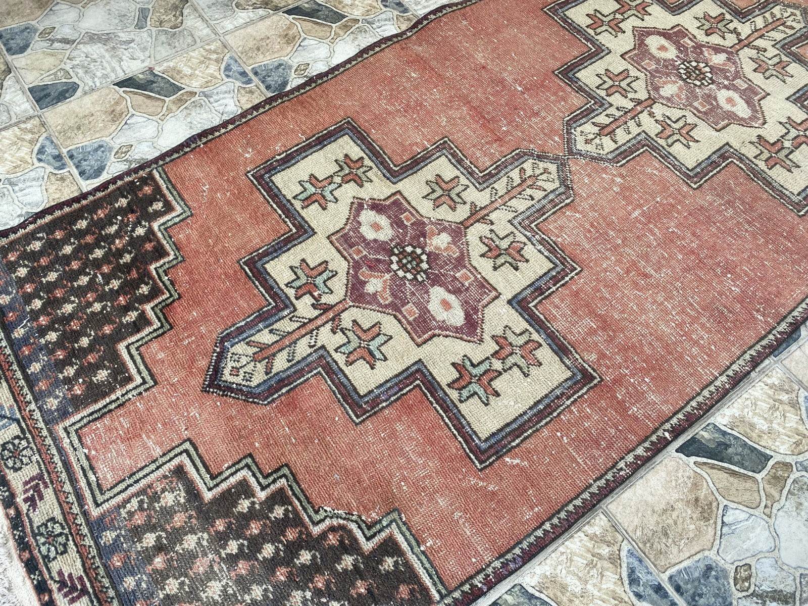 Geometric Turkish Vintage Rug,Farmhouse Vintage Anatolian Village Rug 3.6x7.8 ft