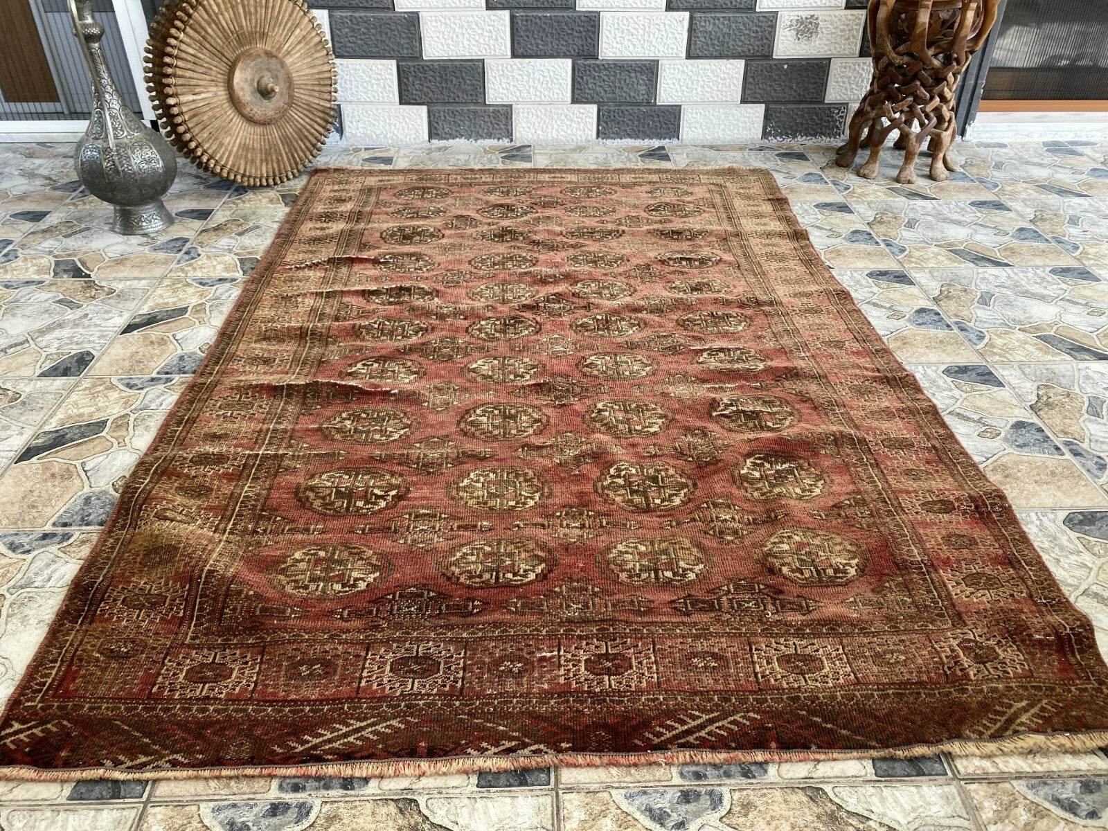 VINTAGE RUG HAND-KNOTTED Afghan Style BUKHARA handmade wool RED antique farmhouse rug