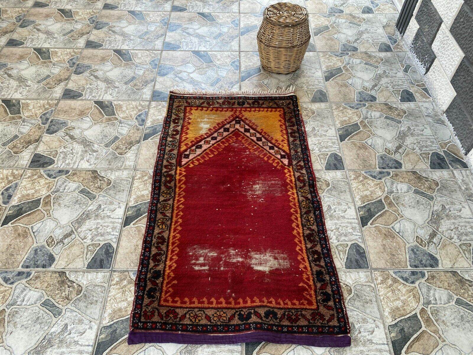Vintage Turkish Prayer Rug, Wool Hand-Knotted Oushak Antique Farmhouse Rug 2x3