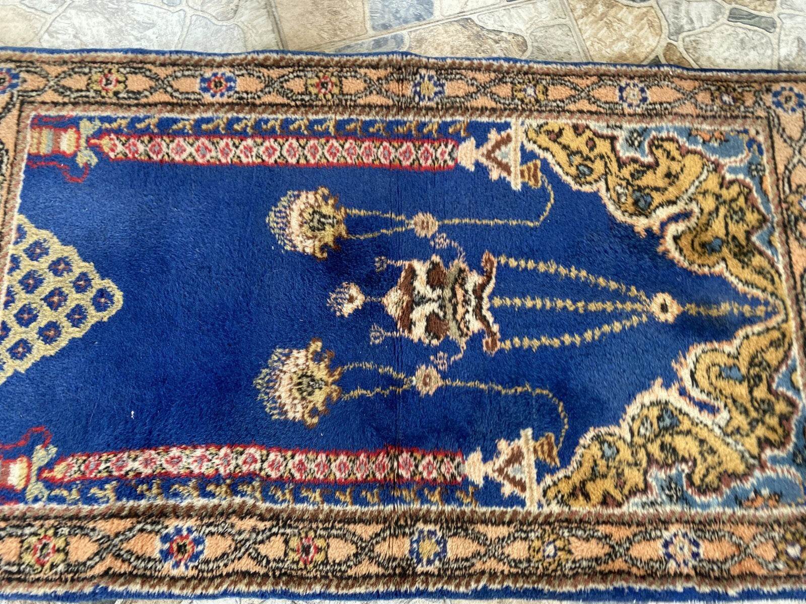 Blue Turkish Prayer Vintage Rug, 1990s Handmade Wool Geometric Farmhouse Small