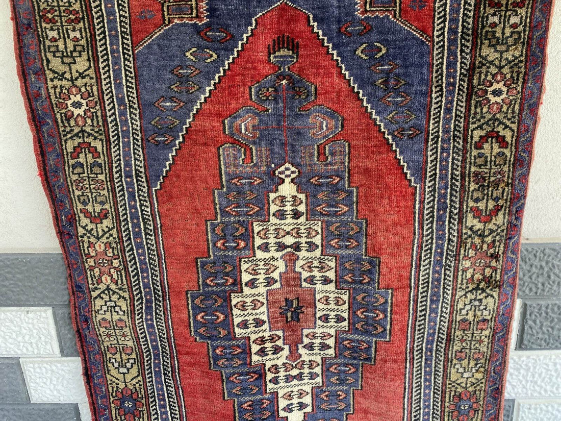 Vintage Turkish Oushak Rug 3x7 ft | Hand-Knotted Wool Anatolian Red Antique Rug