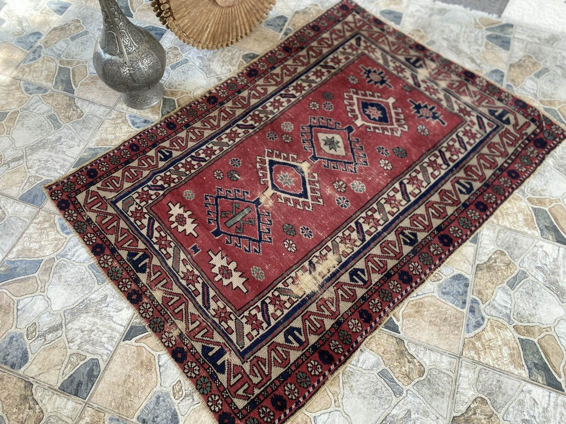 Vintage Caucasian Rug | 3.5x5 ft | Tribal Handmade Wool Rustic Farmhouse Carpet
