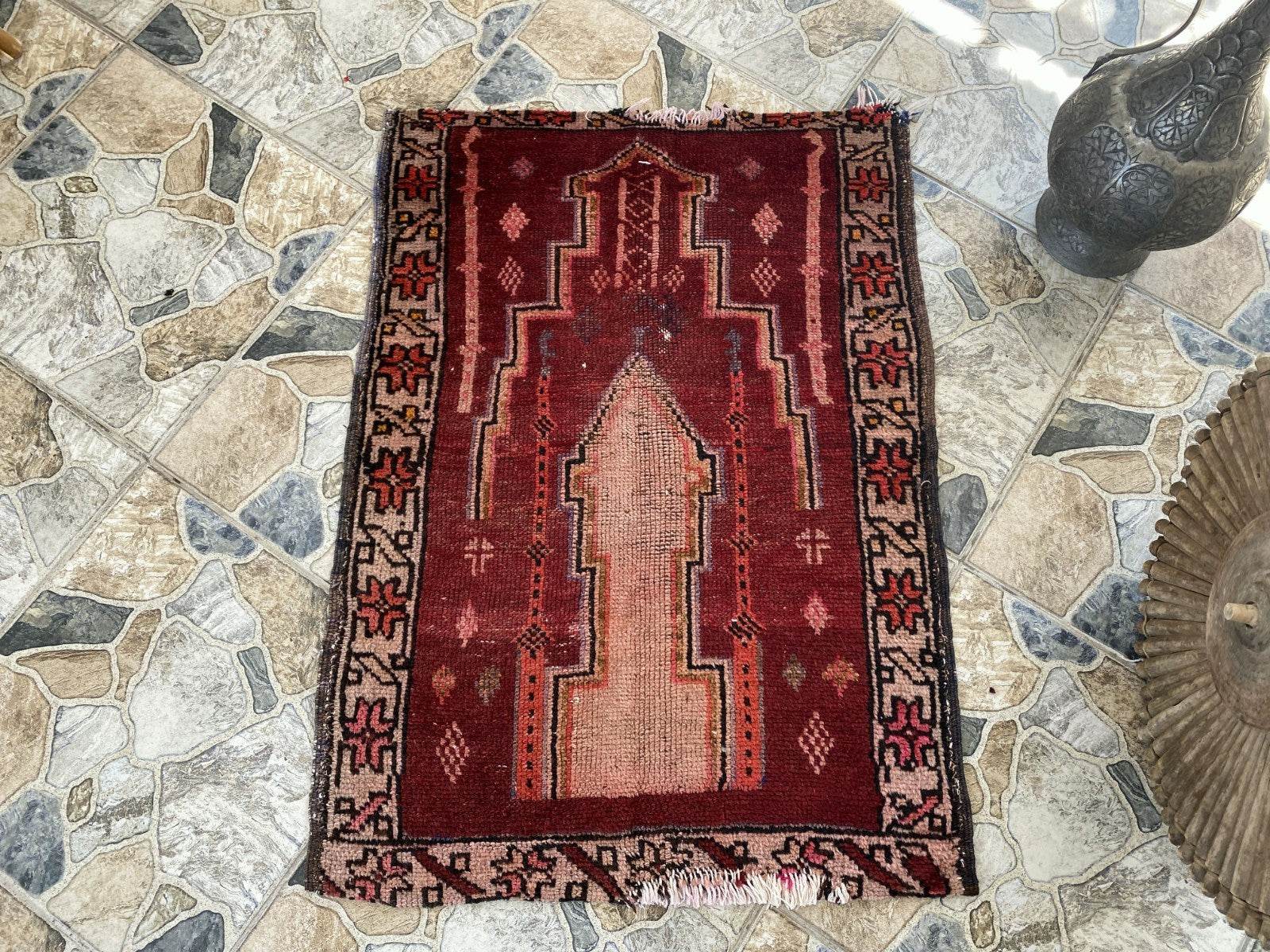 Distressed 2x3 ft Anatolian Rug | Vintage Authentic Hand-Knotted Wool Prayer Rug