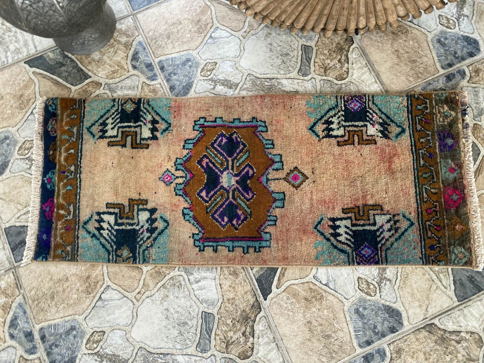 Vintage Turkish Rug 1.2x3 ft Tribal Medallion Hand-Knotted Wool Small 1970s Rug