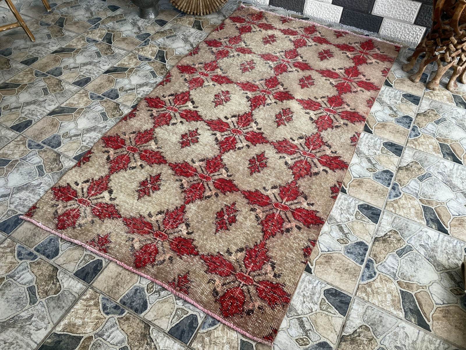 Vintage Turkish Area Rug 4x7 ft | Hand-Knotted Wool Carpet Bold Geometric Tribal