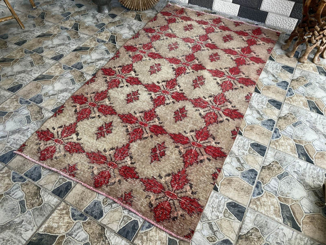 Vintage Turkish Area Rug 4x7 ft | Hand-Knotted Wool Carpet Bold Geometric Tribal