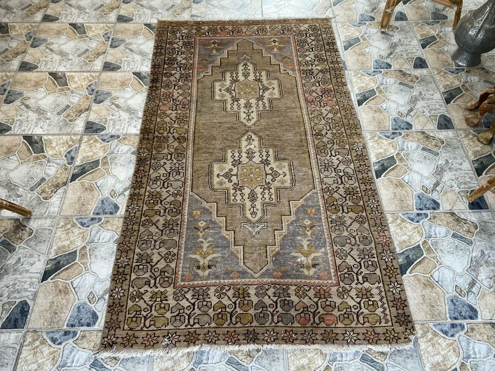 Vintage Turkish Wool Rug Hand-Knotted Antique Geometric Oushak Tribal Area 3x6