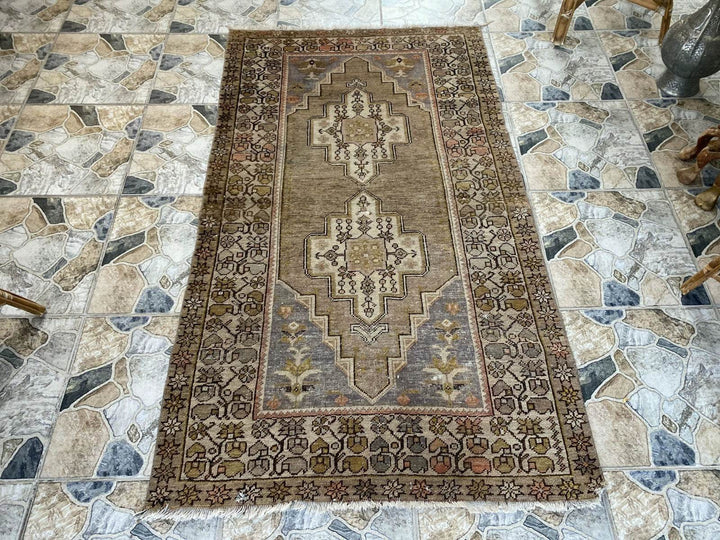 Vintage Turkish Wool Rug Hand-Knotted Antique Geometric Oushak Tribal Area 3x6