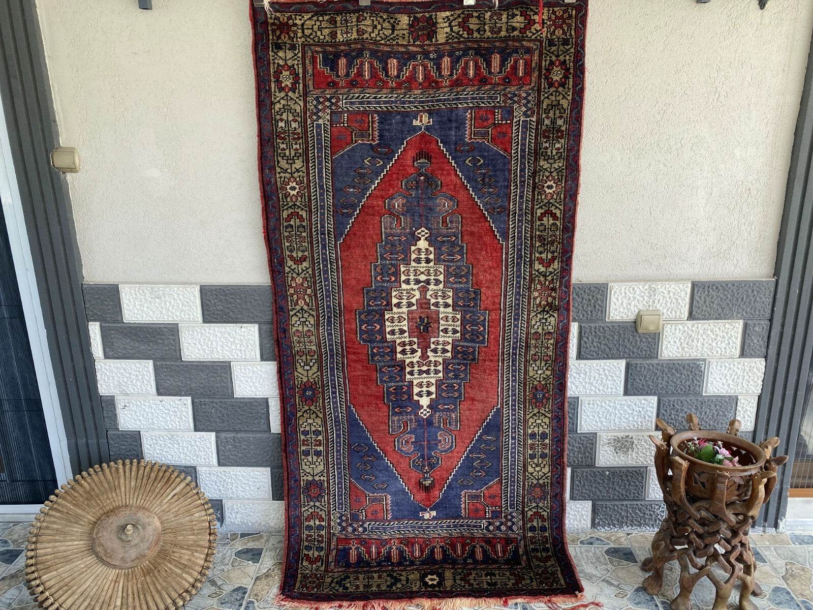 Vintage Turkish Oushak Rug 3x7 ft | Hand-Knotted Wool Anatolian Red Antique Rug