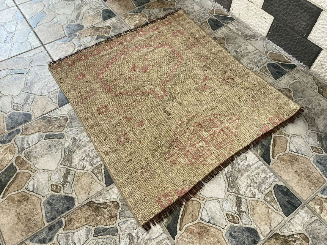 Vintage Turkish Rug 2.7 x 3 ft Hand-Knotted Wool Runner – Tribal Geometric Rug