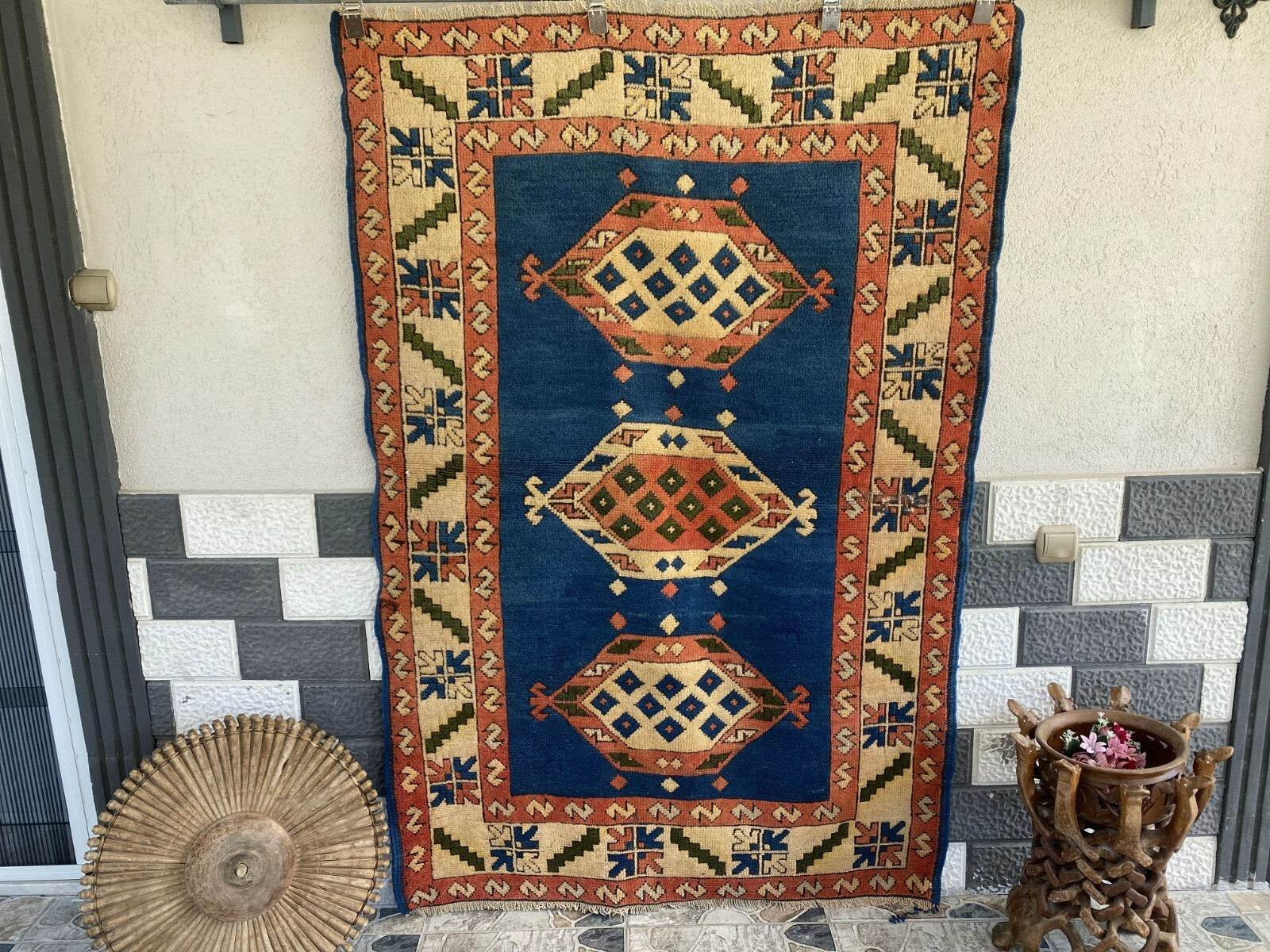 Vintage Turkish Kurdish Wool Rug | Hand-Knotted Tribal Blue Area Carpet 4x6ft