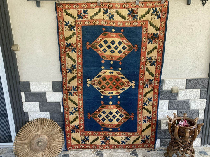 Vintage Turkish Kurdish Wool Rug | Hand-Knotted Tribal Blue Area Carpet 4x6ft