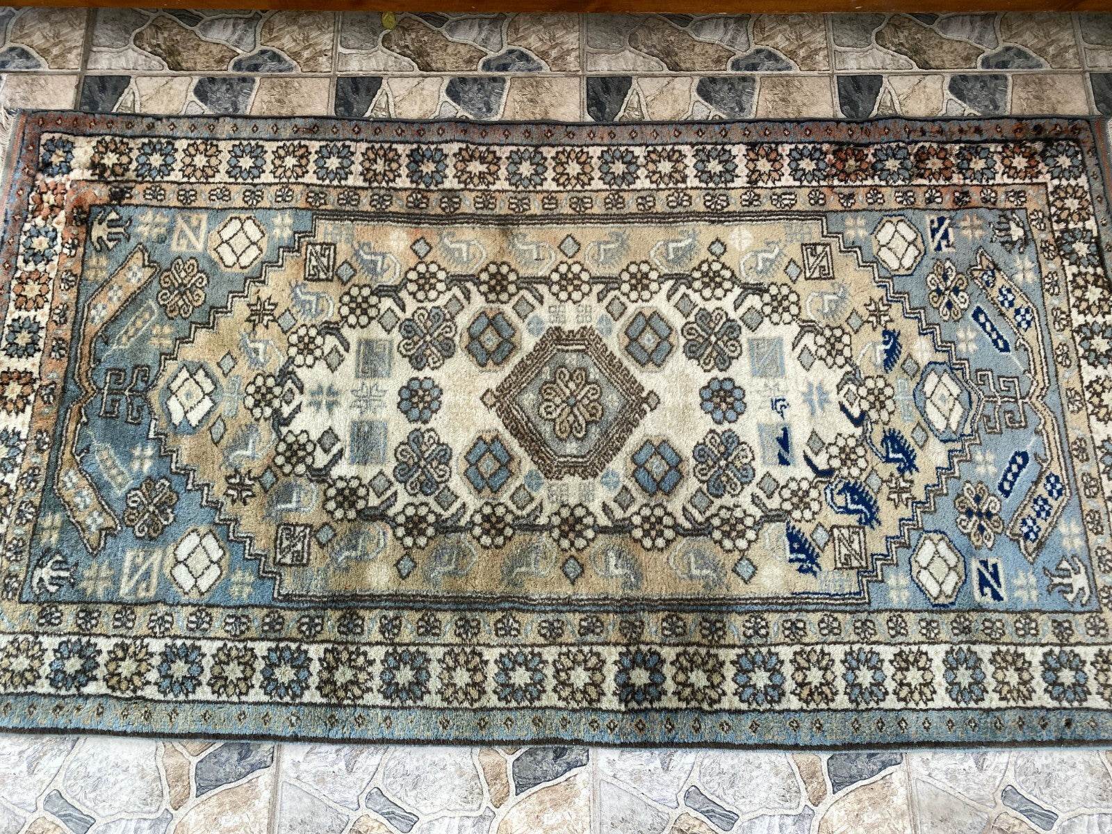 Vintage 1990s Turkish Oushak Rug | Geometric Handwoven Wool Carpet 3'5'' x 6'3''