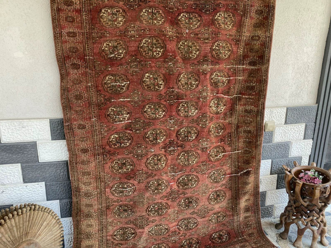 VINTAGE RUG HAND-KNOTTED Afghan Style BUKHARA handmade wool RED antique farmhouse rug