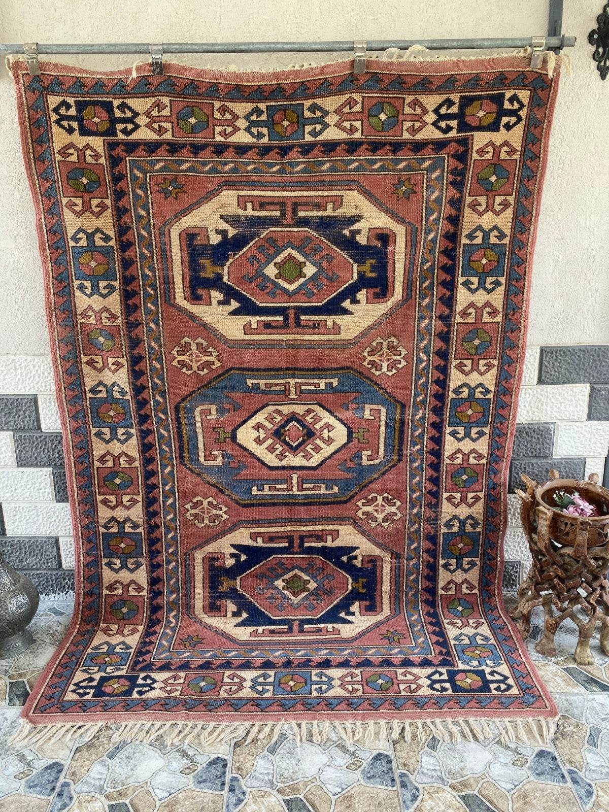 Vintage Turkish Rug | 5.3 x 7.9 ft Hand-Knotted Wool Faded Pastel Anatolian Area