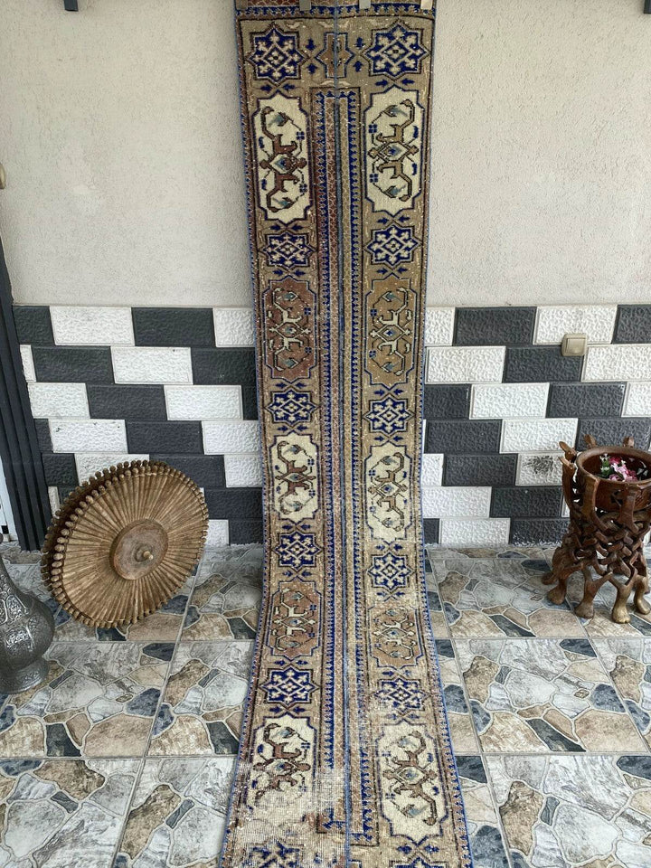 Vintage Turkish Patchwork Runner Rug – Handmade Long Anatolian Wool Carpet 2x10