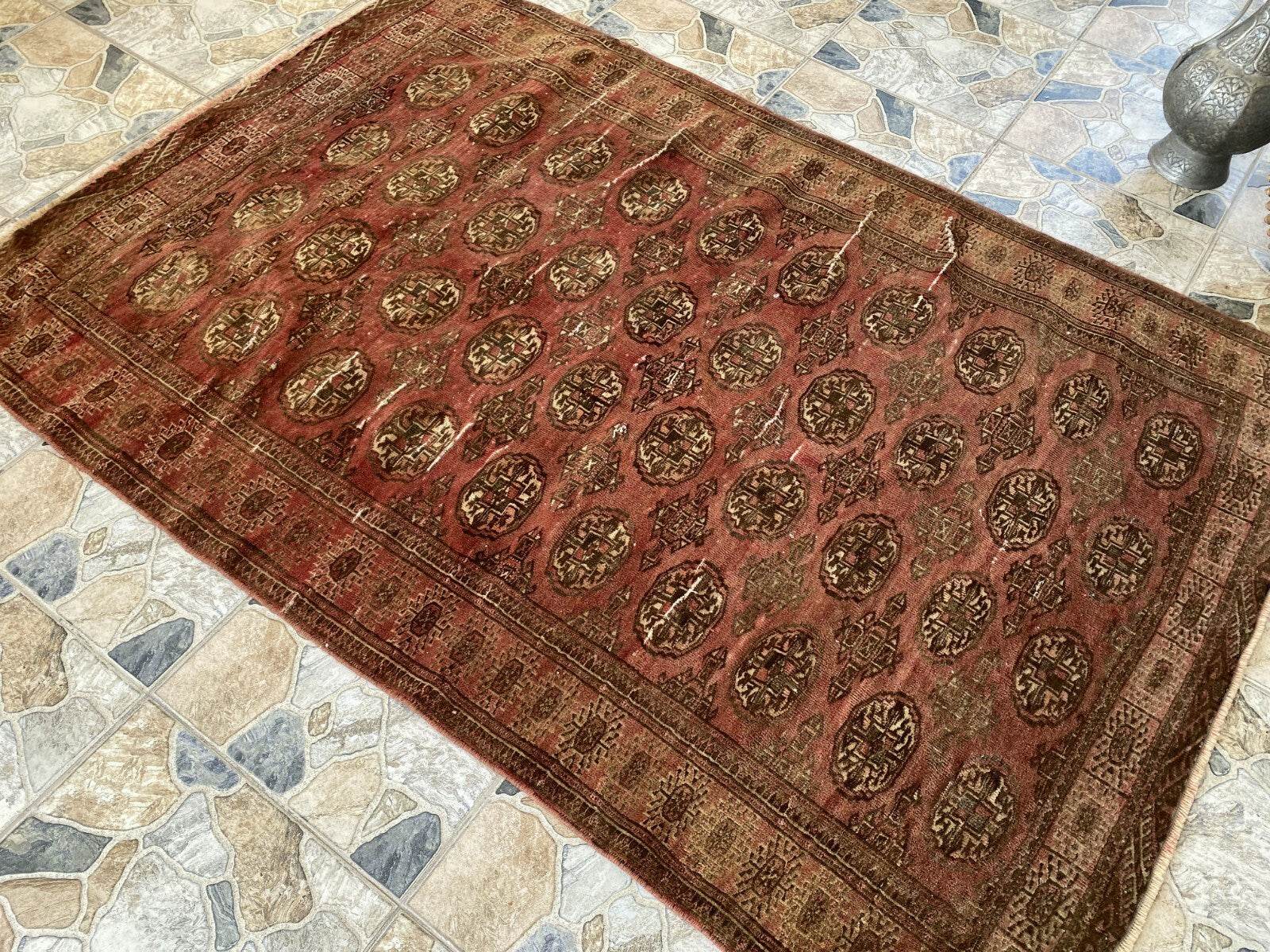 VINTAGE RUG HAND-KNOTTED Afghan Style BUKHARA handmade wool RED antique farmhouse rug