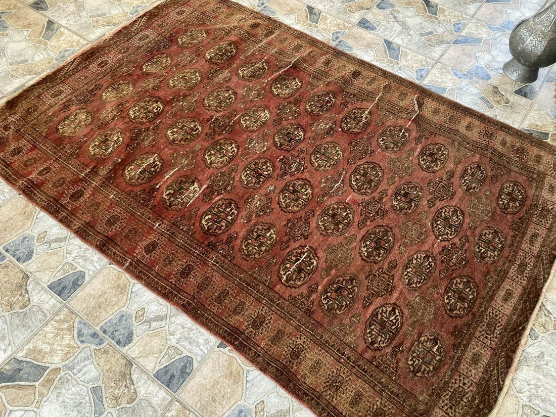 VINTAGE RUG HAND-KNOTTED Afghan Style BUKHARA handmade wool RED antique farmhouse rug