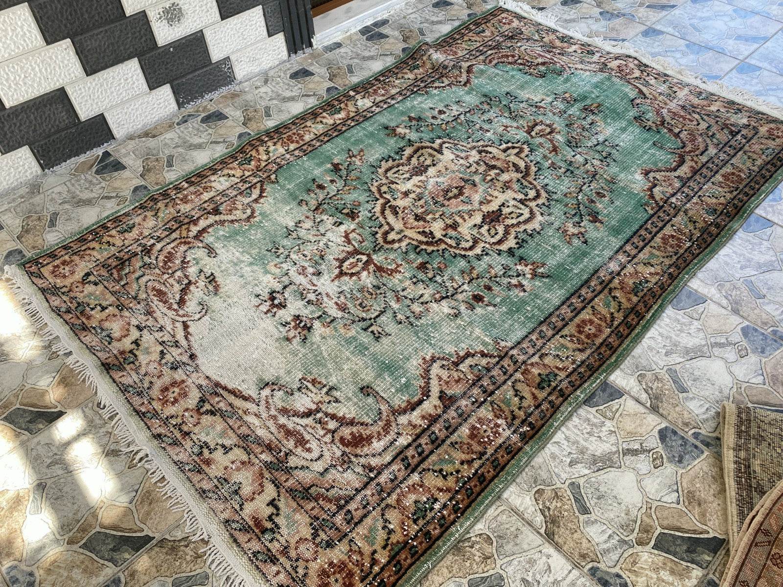 Vintage Hand-Knotted Wool Rug | 5.1 x 8.0 ft Anatolian Area Carpet Faded Rustic