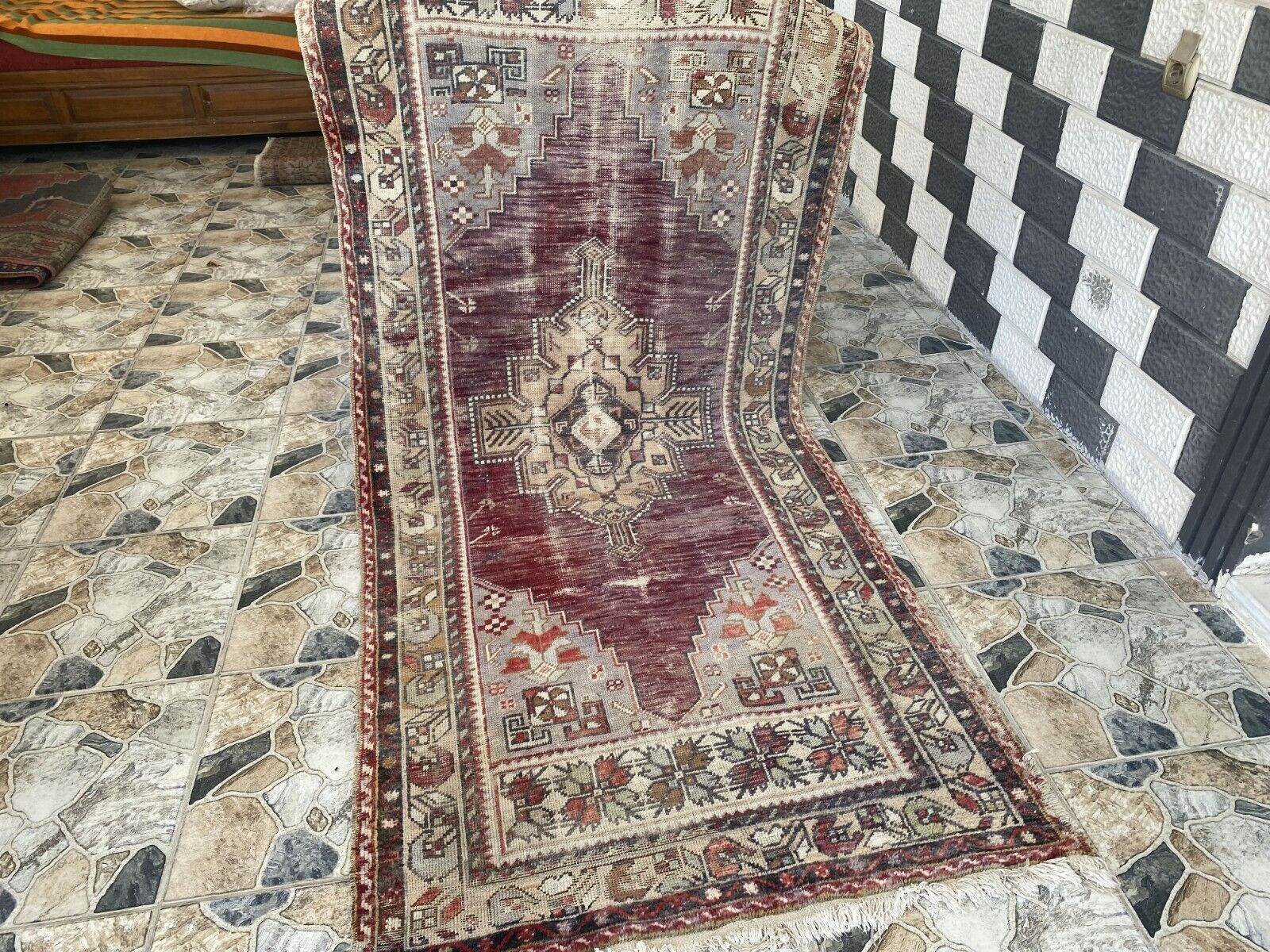 Turkish Vintage Rug Oushak Wool Geometric Handmade Antique Farmhouse 3.8x8 ft