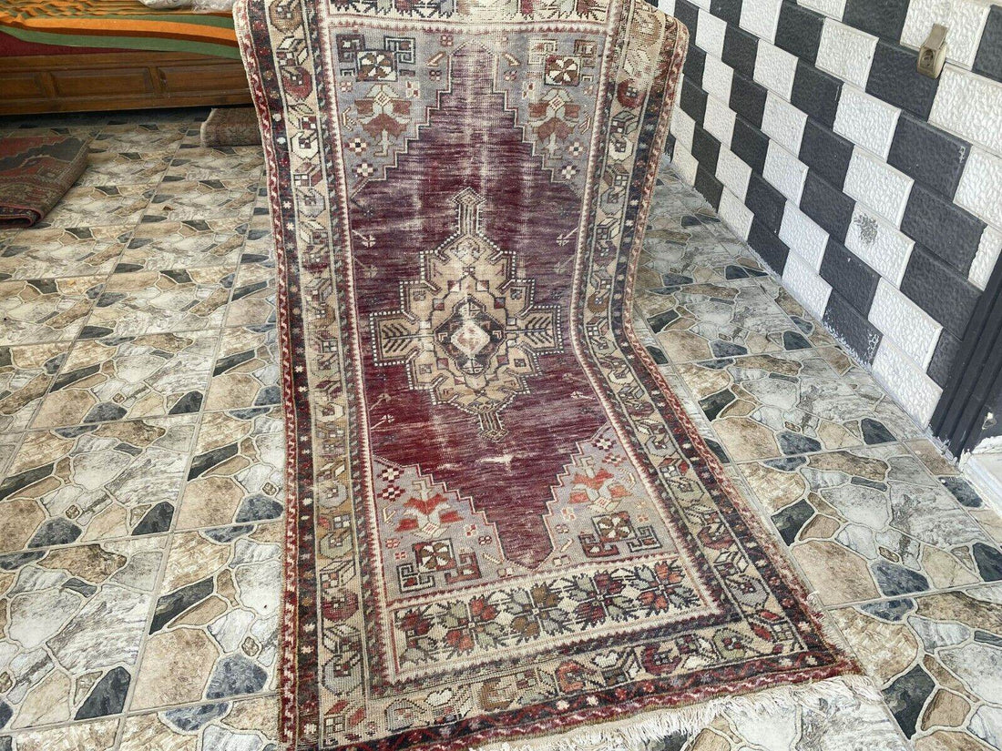 Turkish Vintage Rug Oushak Wool Geometric Handmade Antique Farmhouse 3.8x8 ft