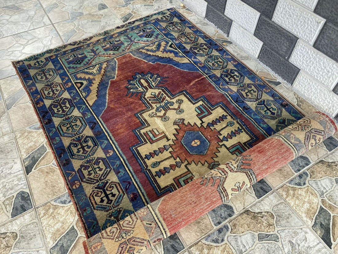 Pre 1950's Vintage Turkish Rug | Antique Tribal Handmade Wool Carpet 3.9x7.1 ft