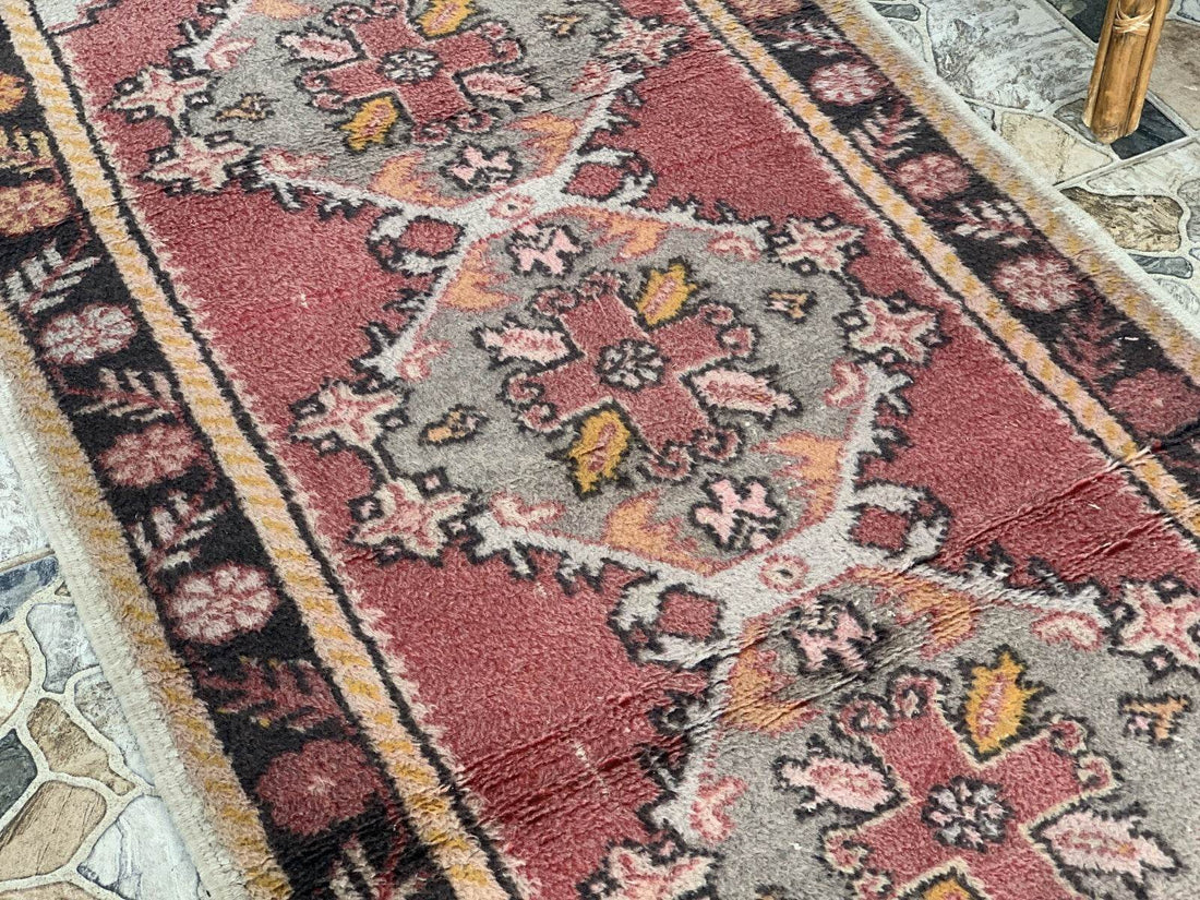Vintage Turkish Rug | Tribal Handmade Wool Farmhouse Antique Carpet 3.2x 9.1 ft